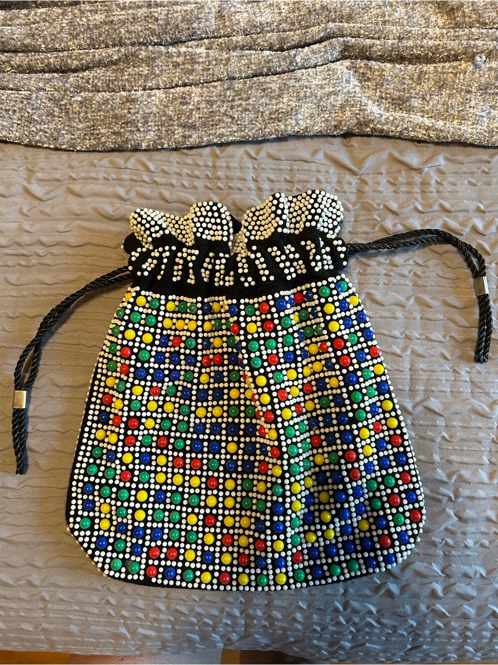 60’s/70’s Vintage Beaded Reversible Candy Dot Multi Color Purse Cinch Handbag